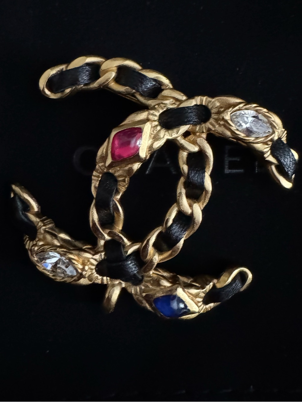 CHANEL Multicolored Crystal & Woven Leather Brooch
